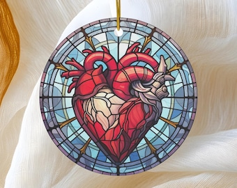 Heart Christmas Ornament, Faux Stained Glass Ceramic Ornament, Gift for Medical Nurse CVICU Doctor Surgeons