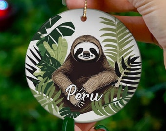 Peru Ornament, Vacation Gift, Round Ceramic Tropical Forest Sloth Ornament, Honeymoon Vacay Travel Gift