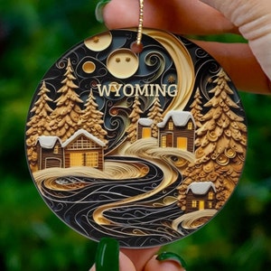Wyoming Ornament, Faux 3D-look Christmas Decoration, Holiday Gift Idea, Heirloom Keepsake, Round Ceramic Gift Idea, Xmas Tree