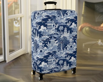 Funda para maleta de estilo vintage con estampado chinoiserie rojo, regalo de viaje con pagoda de árbol azul y blanco, protector de maleta colorido con estampado toile.