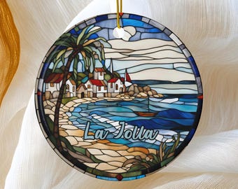 La Jolla Ornament, California Ornament, Family Travel Gift, Round Ceramic Heirloom Keepsake Gift