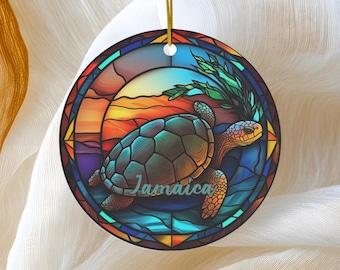 Jamaica Ornament, Faux Stained Glass Christmas Decoration, Holiday Gift Idea, Heirloom Keepsake, Round Ceramic Sea Turtle