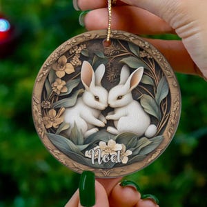 Noel Ornament, Beautiful Snowy Winter Rabbits Ornament, Bunny Gift, Stocking Stuffers Gift