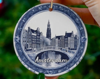 Amsterdam Ornament, Classic Blue Ceramic Christmas Decoration, Holiday Gift Idea, Heirloom Keepsake, Round Ceramic, Gift Idea, Gift Exchange