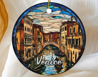 Venice Ornament, Faux Stained Glass Ornament, Italy Travel GIft, Family Vacation Trip, Keepsake Heirloom Souvenir Ceramic