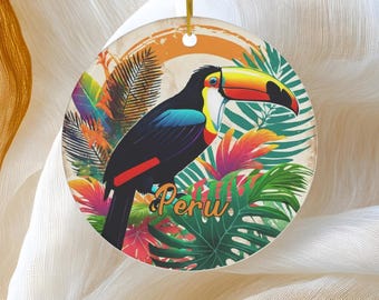 Peru Ornament, Vacation Gift, Round Ceramic Tropical Forest Toucan Ornament, Honeymoon Vacay Travel Gift