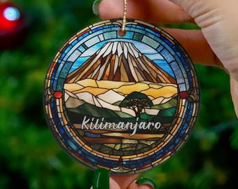 Tanzania Mount Kilimanjaro Ornament, Christmas Ornament Gift, Faux Stained Glass Keepsake, Travel Gifts, Family Trip