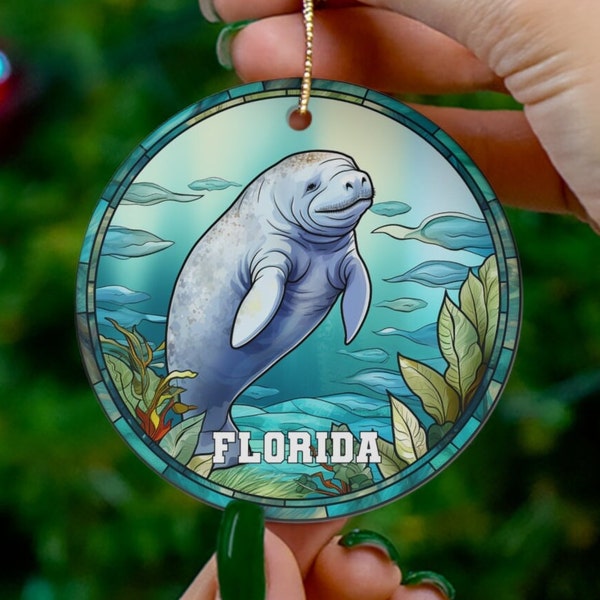 Florida Ornament, Faux Stained Glass Ornament, Holiday Gift Idea, Heirloom Keepsake, Round Ceramic, Manatee Gift Idea