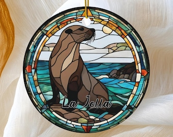 La Jolla Sea Lion Ornament, Cute California Beach Coast Gift, Faux Stained Glass Keepsake, Travel Gifts, Family Trip