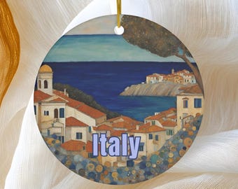 Italy Ornament, Dated Christmas Tree Ceramic Ornament, Klimt-inspired Cinque Terra Family Gift Stocking Stuffers