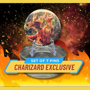 Peut inclure: Un ensemble de 7 broches exclusives Charizard représentant un dragon rouge avec le mot "Evolve" en lettres roses néon. Les broches sont présentées sur un support en plastique transparent sur fond de galaxie avec des étoiles et du feu.