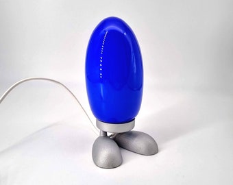 Vintage Ikea Dino Egg Lamp, Pop Art Designer Decor, Blue Oval Glass Shade with Metal Feet, Postmodern Style, designed by Tatsuo Konno