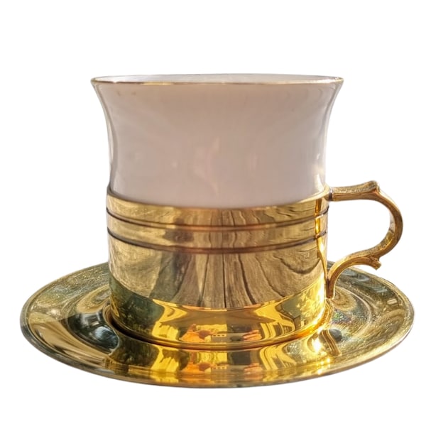 Vintage Porcelain Espresso Cup with Brass Holder & Saucer, F. W. Quist Mokka "Demitasse", Original Mid Century West German Vintage 1950s