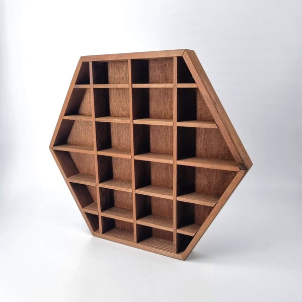 Small Hexagonal Curio Shelf, Figurine Display Shelf or Wall Cabinet, with 24 compartments