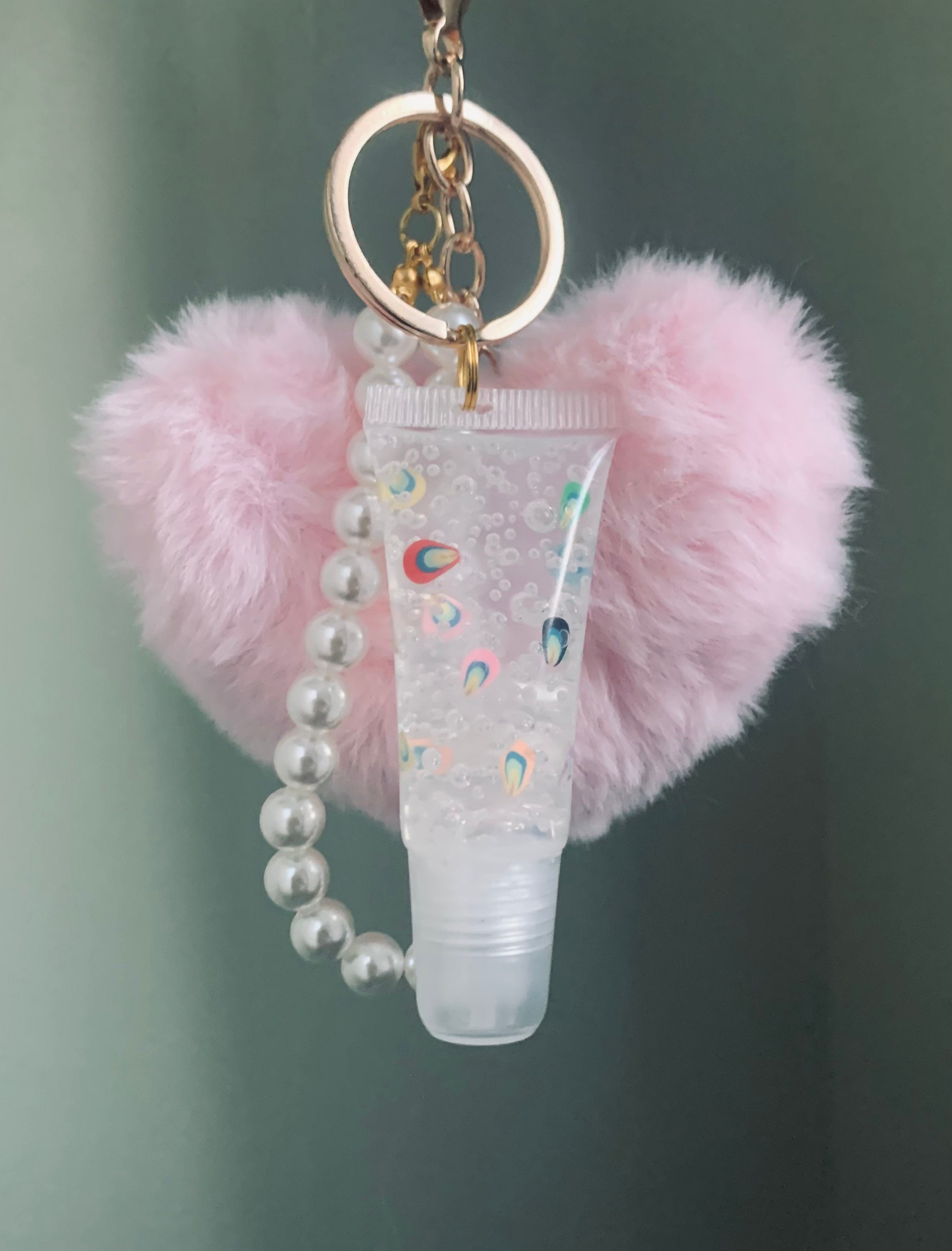 puff ball keychain with lip gloss