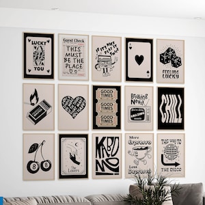 Retro trendige Wand Kunst Set von 15 Gast Check Print Lucky You Poster Preppy Raum Dekor Wohnung ästhetische Beige Schwarz Y2K Studentenwohnheim Galeriewand