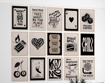 Retro Trendy Wall Art Set of 15 Guest Check Print Lucky You Poster Preppy Room Decor Apartment Aesthetic Beige Black Y2K Dorm Gallery Wall