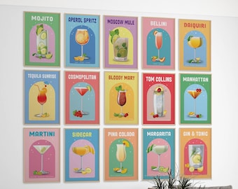 May include: Set of 15 digital printable cocktail posters with colorful backgrounds and illustrations of various cocktails, including a mojito, Aperol spritz, Moscow mule, Bellini, daiquiri, tequila sunrise, cosmopolitan, bloody mary, Tom Collins, Manhattan, martini, sidecar, piña colada, margarita, and gin and tonic.