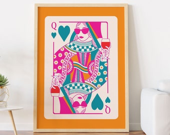 Queen Of Hearts Playing Card Maximalist Wall Art Print Lucky You Dopamine Decor Poster Aesthetic Apartment Retro Trendy Cowgirl Preppy Dorm