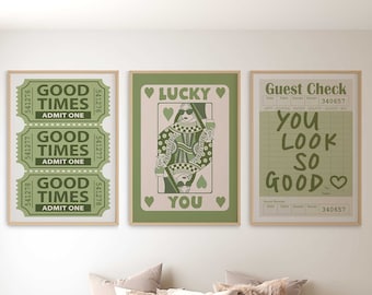 Trendy Wall Art Set of 3 Lucky You Print Retro Guest Check Poster Good Times Ticket Sage Green Aesthetic Print Above Bed Decor Maximalist