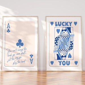 Speelkaart print trendy muurkunst prints retro bar kar decor preppy poster blauwe aas kaart Clubs Maximalist Lucky You Queen Hearts esthetiek