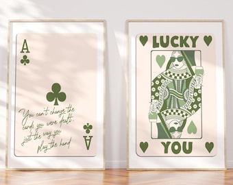Playing Card Print Trendy Wall Art Prints Sage Green Retro Bar Cart Decor Preppy Poster Ace Card Clubs Lucky You Queen Of Hearts Aesthetic