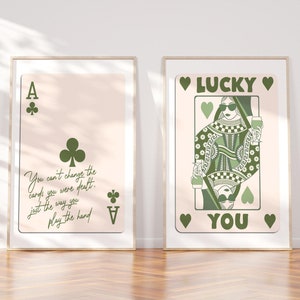 Speelkaart print trendy muurkunst prints saliegroen retro bar kar decor preppy poster Ace Card Clubs Lucky You Queen Of Hearts Esthetic