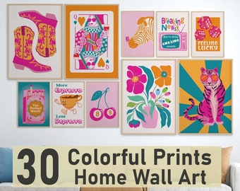 Set of 30 Colorful Apartment Prints Bedroom Wall Art Decor Fun Cute Girly Woman Apartment Wall Prints Girl Trendy Bright Posters Living Room