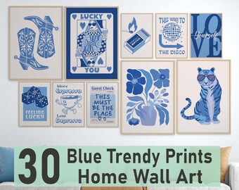 Set of 30 Blue Apartment Prints Bedroom Wall Art Decor Blue White Cool Cute Girly Apartment Wall Prints Girls Trendy Posters Living Room Fun
