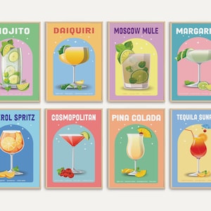 Cocktail Print Set of 8, Alcohol Prints, Colorful Bar Cart Gallery Wall Set, Bar Cart Accessories, Bar Wall Art Poster, Drinks Wall Decor
