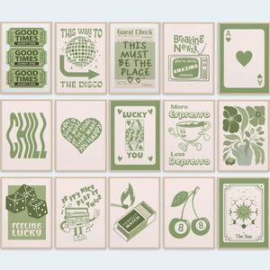 Sage Green Retro Trendy Wall Art Set of 15 Guest Check Print Lucky You Poster Preppy Room Decor Apartment Aesthetic Beige Y2K Dorm Gallery