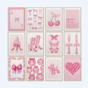 Trendy roze strikken set van 12 muurkunst preppy coquette kamer decor strik prints blush pastel licht aquarel esthetische meisjes slaapzaal college poster