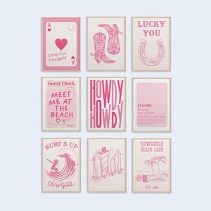 Kustkleindochter set van 9 roze esthetische trendy prints muurkunst decor lang leve cowgirl poster preppy kamer hoefijzerlaarzen western slaapzaal