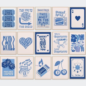 Retro Trendy Wall Art Set of 15 Guest Check Print Lucky You Poster Blue Preppy Room Decor Apartment Aesthetic Beige Funny y2k Dorm Gallery