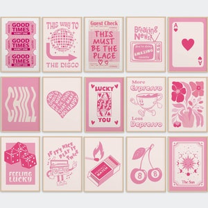 Ensemble d'art mural rétro tendance de 15 impressions de chèques d'invité, affiche de la chance, rose blush, décoration de chambre preppy, appartement esthétique drôle, dortoir y2k