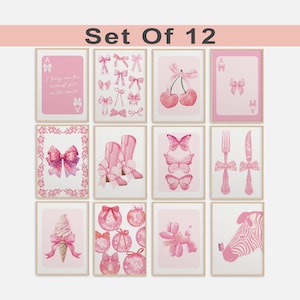 Roze strikken set van 12 kunst aan de muur preppy kust cowgirl kamer decor prints pastel licht girly esthetiek Ace Card Lucky Girl Syndrome Dorm College