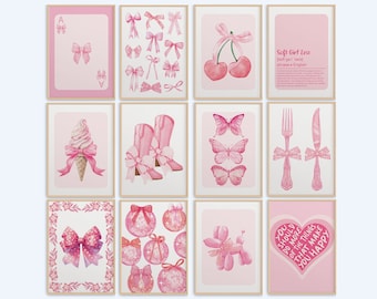 Trendy roze strikken set van 12 muurkunst preppy coquette kamer decor strik prints blush pastel licht aquarel esthetische meisjes slaapzaal college poster