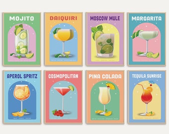 Cocktail Print Set of 8, Alcohol Prints, Colorful Bar Cart Gallery Wall Set, Bar Cart Accessories, Bar Wall Art Poster, Drinks Wall Decor