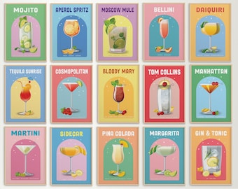 Cocktail Print Set of 15, Alcohol Prints, Colorful Bar Cart Gallery Wall Set, Bar Cart Accessories, Bar Wall Art Poster, Drinks Wall Decor