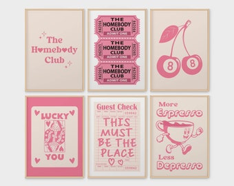 The Homebody Club Print Set Of 6 Minimalist Heart Poster, Homebody Club Ticket Trendy Living Room Decor Quote Aesthetic Apartment Wall Art