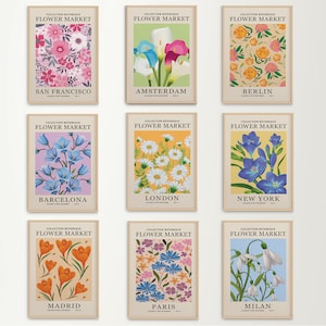 Flower Market Print Set of 9, Flower Market Poster, Maximalist Decor, Gallery Wall Set, Botanical Wall Art, Boho Room, Floral Prints Home