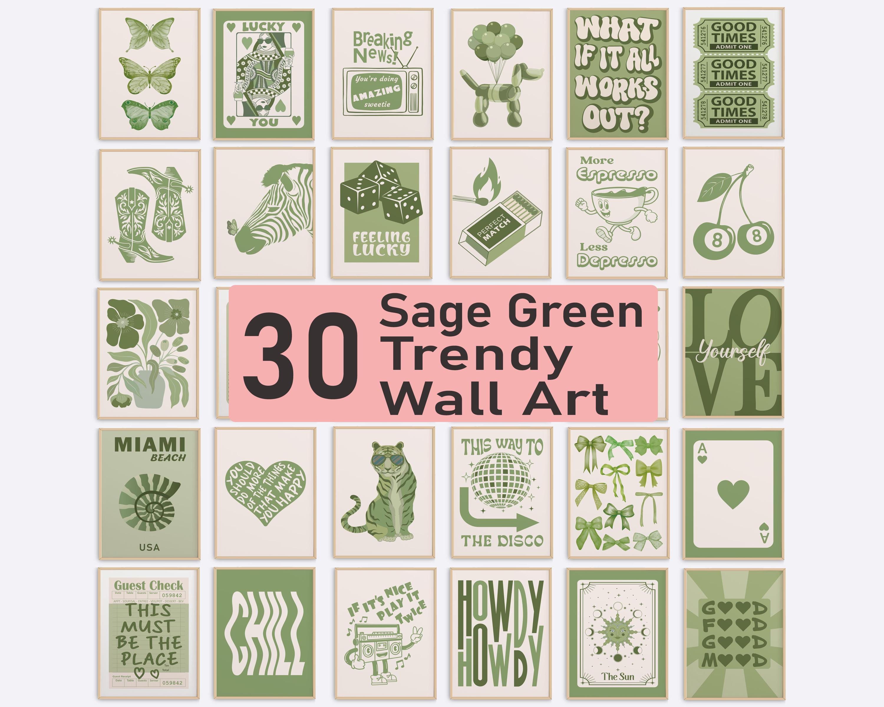Sage Green Retro Trendy Wall Art Set of 30 Prints Cute Printable Posters Olive Green Girly Preppy Room Decor Fun Beige Apartment Aesthetic