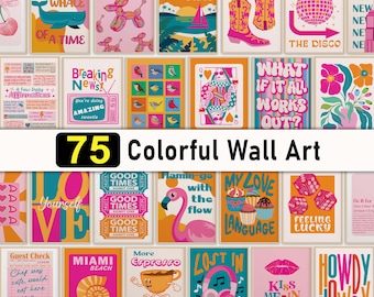Set Of 75 Colorful Bright Vibrant Fun Wall Art Pink Orange Girly Room Decor Retro Trendy Girl Prints Colorful Cute Printable Bright Posters