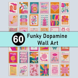 May include: A collection of 60 rectangular wall art prints featuring vibrant, colorful graphic designs. The prints include illustrations of cowboy boots, flamingos, dice, disco balls, tigers, coffee cups, and various motivational text phrases.