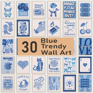 Trendy Retro Wand Kunst 30er Set Blau Weiß Drucke Girly Preppy Zimmer Dekor niedliche Wohnung Ästhetik Beige y2k druckbare Poster Galerie Thema