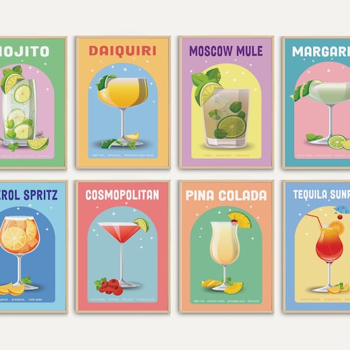 Cocktail Print Set of 8 Alcohol Prints Colorful Bar Cart Etsy