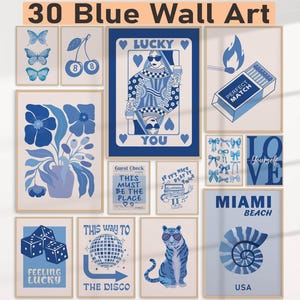 Set van 30 blauwe prints voor muurdecoratie slaapzaal blauwe muurkunst preppy blauw witte prints meisjes college poster blauwe kamer prints girly slaapzaal schattige kunst