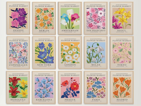 Flower Market Print Set of 15, Flower Market Poster, Maximalist Decor, Gallery Wall Set, Botanical Wall Art, Flower Market Set Floral Prints