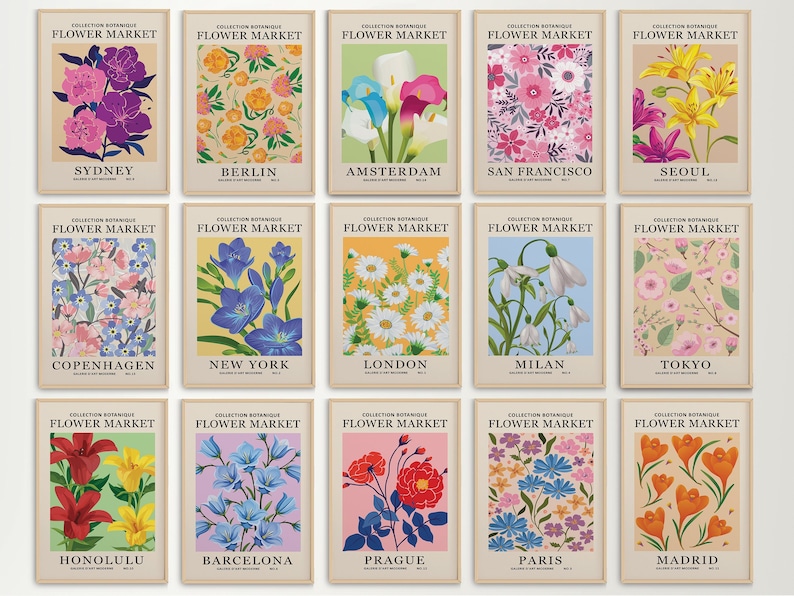 Puede incluir: Un conjunto de 15 p&oacute;sters de estilo vintage que presentan diferentes flores y el nombre de una ciudad. Los p&oacute;sters tienen un estilo similar, con fondo blanco y borde negro. Las flores est&aacute;n en plena floraci&oacute;n y se representan en un estilo realista. Las ciudades est&aacute;n listadas en orden alfab&eacute;tico, comenzando por Amsterdam y terminando por Tokio.