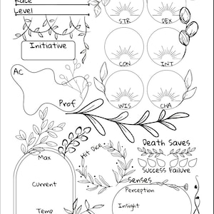 Nature D&D Character Sheet, Elven, Druid, Nature, Flowers PRINTABLE